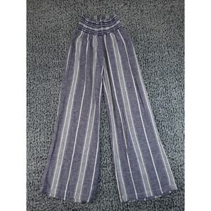 Happily Grey Blue White Striped Linen Blend Smocked Wide Leg Pants Women Small